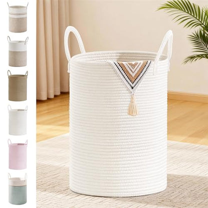 58L Tall Cotton Rope Laundry Basket with Handles, White - color: White, size: 58L