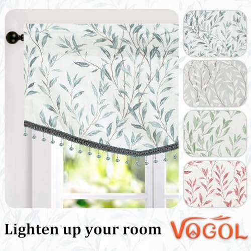 VOGOL Country Style Leaf Print Scalloped Valance, Beaded Trim, 52 x 16 - color: Blue, size: 52"W x 16"L (Pack of 1)