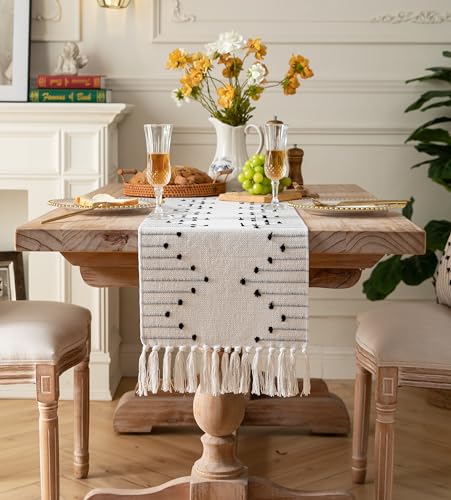 Caflife Black Beige Cotton Linen Rustic Boho Table Runner 13x108 Inch Long - color: Black Beige, size: 13x108Inch