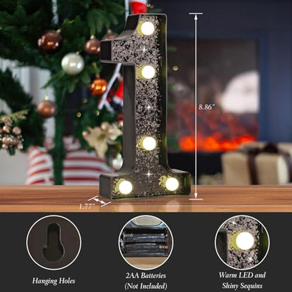 Black Glitter LED Marquee Number 1, Warm White Light Decor Sign - size: Number-1
