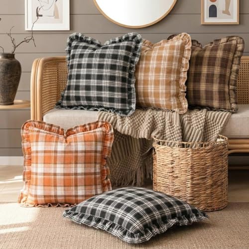 Brown Ruffle Tartan Plaid Gingham Fall Farmhouse Throw Pillow Covers 20x20 - color: Brown Ruffled Plaid Throw Pillow Covers, size: 20" x 20" (Pack of 2)