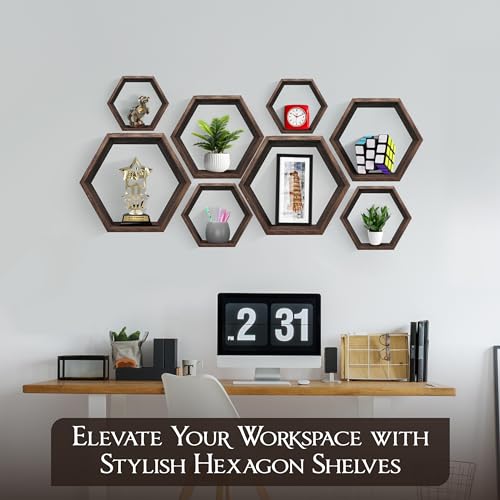 Hexagon Floating Shelves Set of 8 Honeycomb Shelves for Wall, Wooden Hexagon Shelves for Farmhouse Storage - color: Rustic Brown