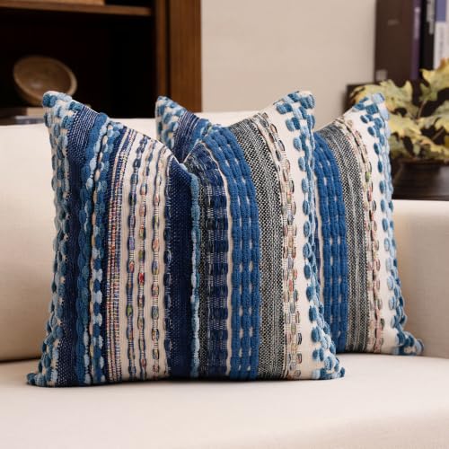 Boho Chenille Tufted Throw Pillow Covers 18x18 Inch Set of 2 Farmhouse Blue Woven Striped Decorative Pillowcases for Couch Sofa Bed - color: Blue