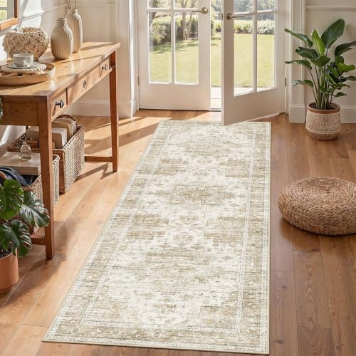 Washable 2x6 Runner Rug: Non Slip Vintage Beige Entryway Area Rug - color: Beige, size: 2' x 6' (Runner)