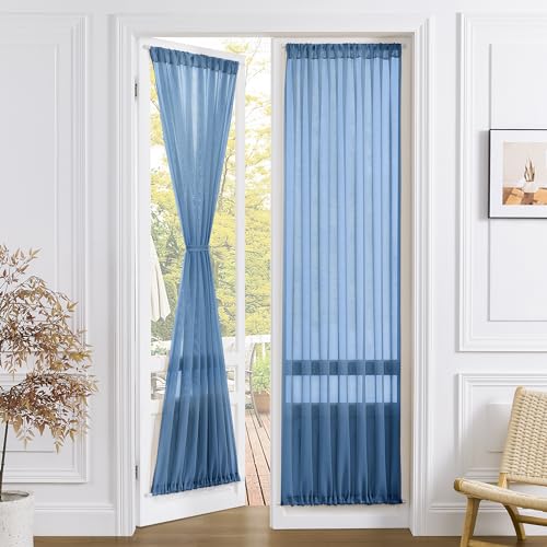 Tollpiz Sheer Door Curtains Closet Linen Textured Curtains Sheer Doorway Light Filtering Voile French Doors Rod Pocket Curtain Patio Glass Door, 25 x 72 inches Long, Classic Blue, 1 Panel - color: Classic Blue, size: 25"W x 72"L (Pack of 1)
