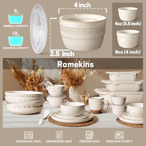 Artena Ramekins with Lids, Creme Brulee Ramekins Oven Safe, Ceramic Pudding Cups, Souffle Cups, Custard Cups, Dipping Sauce Cups, Food Storage Containers with Lids, Set of 4 (8 oz, Willow Leaf) - size: 4 inch (Willow Leaf, White)