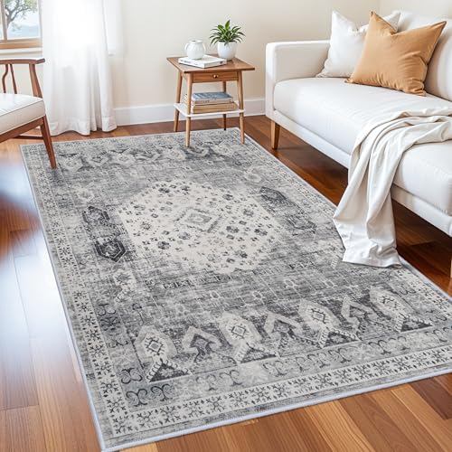 RUUGME 4x6 Washable Area Rug - Vintage Living Room Bedroom Carpet with Non Slip Backing Low Pile Stain Resistant Nursery Laundry Rugs Durable Boho Home Decor Floor Mat for Bathroom (Grey,4x6 - color: Grey, size: 4' x 6' (Rectangular)