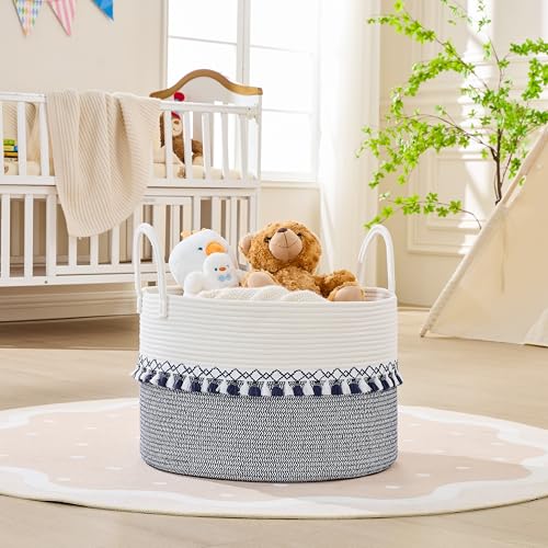 KAKAMAY Large Blanket Basket with Handles, Storage Basket for Living Room - color: White and Blue