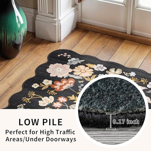 3x15 Hallway Runner Rug Washable: Scalloped Floral Long Kitchen Rug Black - color: Black, size: 3' x 15' (Runner)
