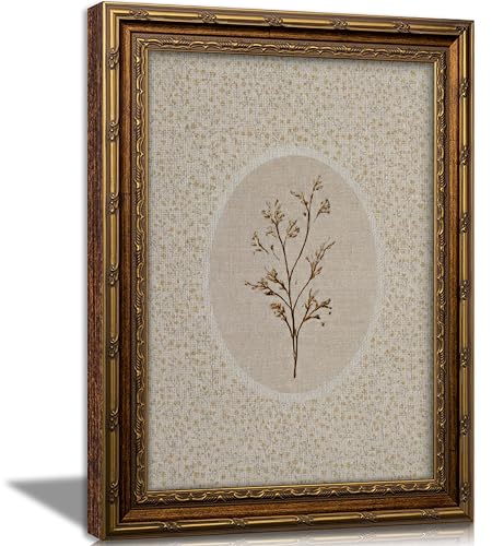 Vintage Gold Framed Wall Art, Dried Botanical Herbarium Print with Floral Pattern Background, Neutral Rustic Farmhouse Decor for Living Room, Bedroom, Bathroom, Ready to Hang - color: Dried flowers, size: 11"L x 9"W