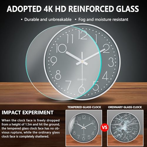 Silent Wall Clocks Battery Operated 8 Inch, Analog Wall Clock with Oversized Number Tempered Glass Clock Face, Quartz Non Ticking Wall Clocks for Living Room Bedroom Kitchen Office, Grey - color: Gray, size: 8 Inch