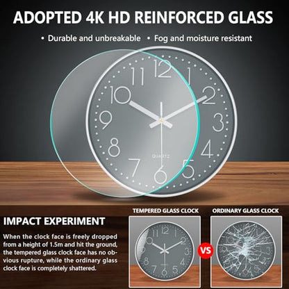 Modern Silent Wall Clock - 12 Inch Wall Clocks Battery Operated Large Number, Non-Ticking Analog Clock with Tempered Glass Quartz Clocks for Living Room Bedroom Office Kitchen, Grey - color: Gray, size: 12 Inch