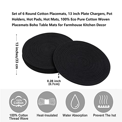 6 Pack Round Woven Placemats Set, 13.8'' Black Place Mats Cotton Pot Holders Wicker Tablemats Boho Braided Heat Resistant Mats, Woven Plate Chargers for Wedding Party Decoration - color: Black, size: Round Set of 6