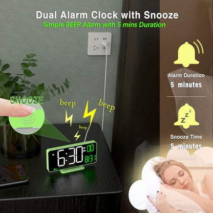 KOSUMOSU Small Digital Clock, 6.7in Alarm Clocks for Bedrooms, Auto Dimming, Room Temperature, Day of The Week, Seconds, Date, Desk Clock for Bedroom, Digital Clocks for Living Room - color: Green (White + Green Digits)