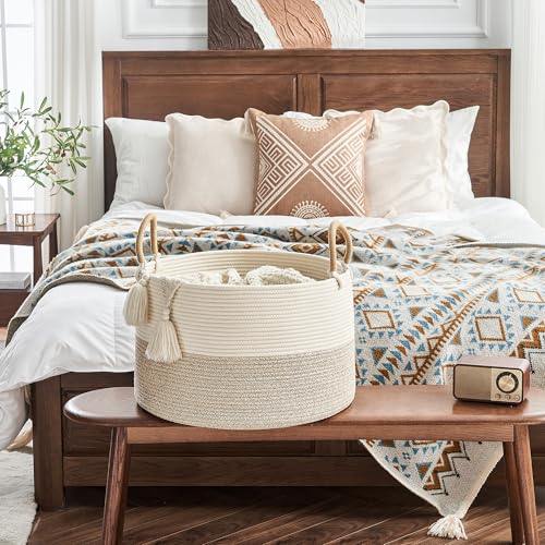 KAKAMAY Large Blanket Basket with Handles, Storage Basket for Living Room - color: Beige Mix