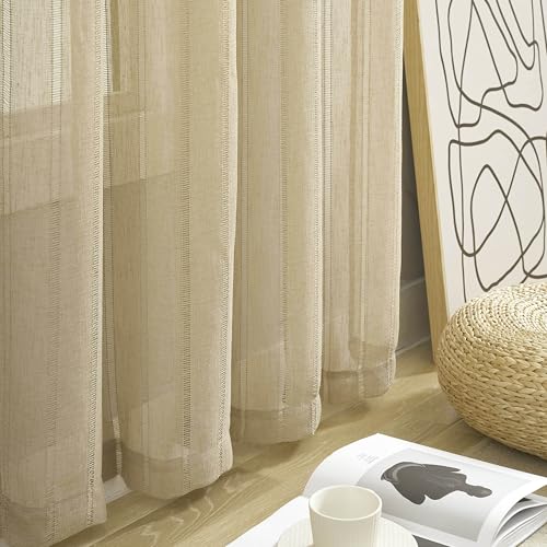 Demetex Semi Sheer Curtains 63 Inches Long Semi Sheer Curtain Panel Striped Texture Window Curtains for Living Room Nursery, Set of 2, 54 x 63 inch Length, Linen - color: Striped Linen, size: 54"W x 63"L (Pack of 2)