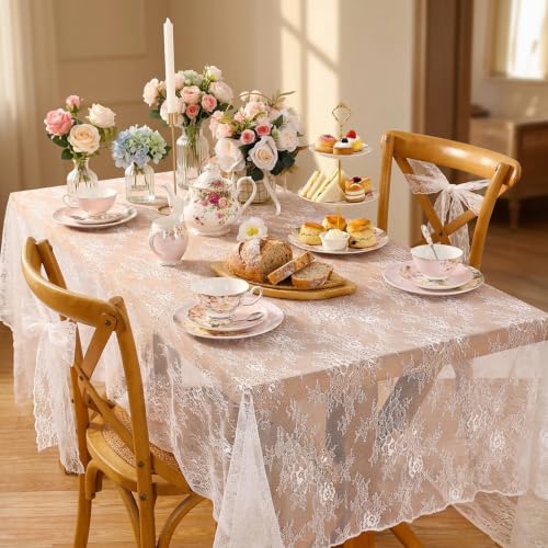 Rustic White Wedding Tablecloths Lace Chic Rectangular Embroidered Fabrics - color: Solid White, size: 120" x 60" (1Pc Rectangular)