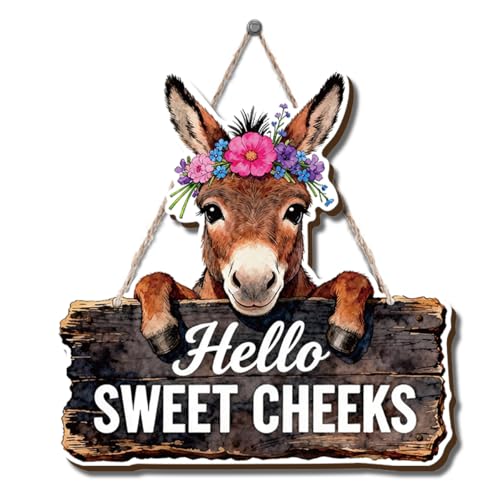 Farmhouse Bathroom Wall Decor, Hello Sweet Cheeks Donkey Sign, Rustic Wood Hanging Plaque, Watercolor Farm Animal Wall Art Painting Style for Bathroom Front Door Country Home, 9.8x9.8 Inches - color: Farm 11