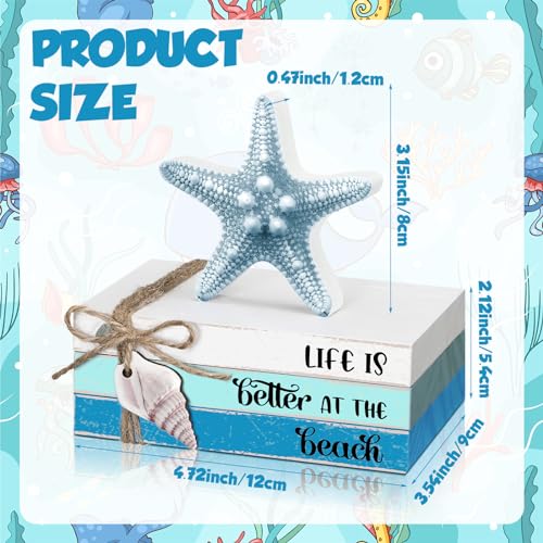 Spiareal 4 Pcs Summer Beach Table Decoration Starfish Seashell Tiered Tray Decorations Wooden Block Stacked Book Rustic Nautical Decoration Beach Room Decor for Tabletop Shelf Mantel Home Office Desk - size: Beach