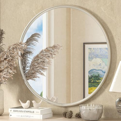 TETOTE Brushed Nickel Mirror 30 inch Round Mirror for Wall, Bathroom, Living Room, Bedroom, Vanity, Entrance - size: 30"L x 30"W
