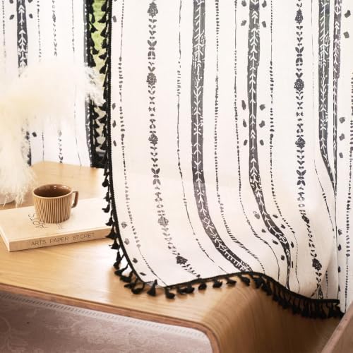 Black Boho Curtains for Living Room with Tassel 72 Inch 2 Panels - color: T-black, size: 52"W x 72"L (Pack of 2)