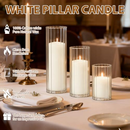 24 PCS White Pillar Candles and Ribbed Glass Cylinder Vases - color: White, size: 12+12