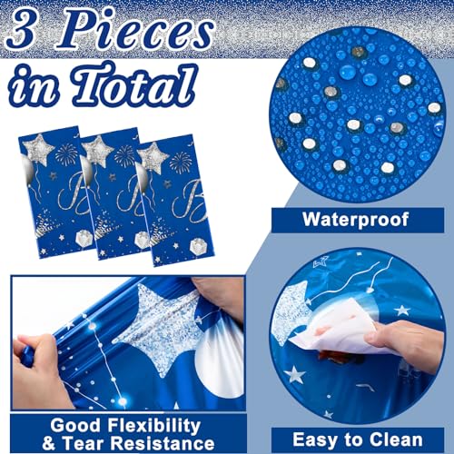 Tudomro 3 Pcs Plastic Happy Birthday Party Tablecloths,Blue Silver - color: Blue Silver