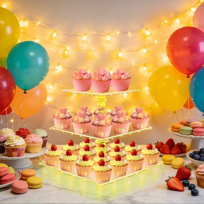 YestBuy 3 Tier Cupcake Stand with Yellow LED String Light for 24 Cupcakes - color: Yellow, size: 3 Tier Square