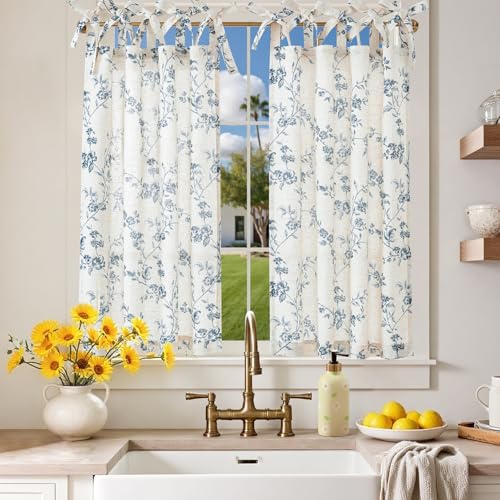 jinchan Blue Floral Kitchen Tier Curtains Alisa 36 Inches Tie Top 2 Panles - color: Alisa Blue on Linen, size: 26"W x 36"L (Pack of 2)