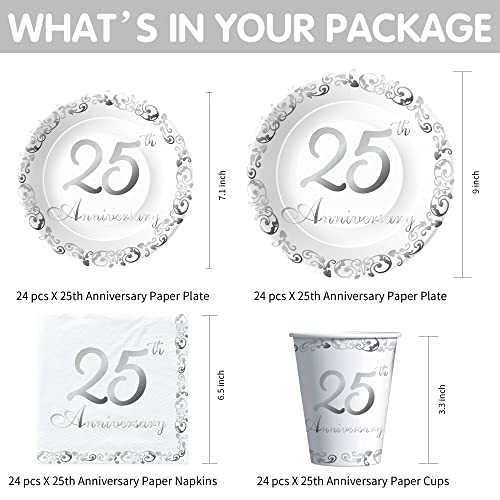 APOWBLS 25th Anniversary Decorations Tableware Wedding, Silver, Serves 24