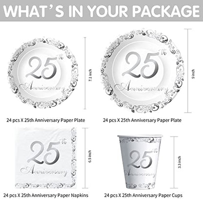 APOWBLS 25th Anniversary Decorations Tableware Wedding, Silver, Serves 24