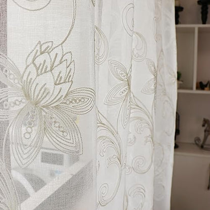 SLOW SOUL Set of 2 Panels White Lotus Floral Sheer Curtains Modern Semi Sheer Embroidered Curtains & Drapes for Bedroom Living Room Rod Pocket 54W X 96L inch