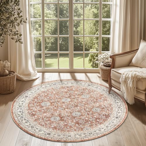 jinchan 4ft Vintage Floral Round Rug, Circle Washable Rug, Orange - color: Multi Orange, size: 4' (Round)