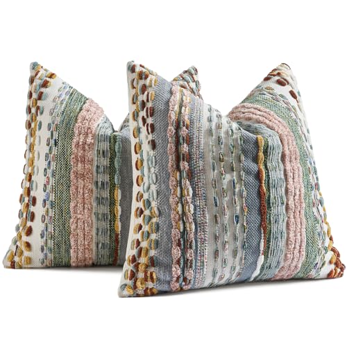 AmHoo Set of 2 Chenille Tufted Striped Textured Boho Throw Pillow Covers Aesthetic Woven Decorative Pillow Case for Couch Bed Sofa Bedroom Modern Funky 18 x 18-Inch Multicolor - color: Multicolor, size: 18" x 18" (Pack of 2)