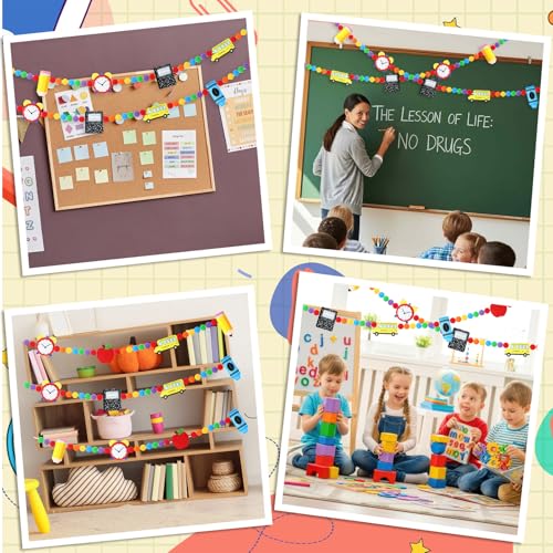 Jansun 8.2 Ft 3D Back to School School Bus Apples Alarm Clock Garland - color: Red Yellow Blue Black Green Orange
