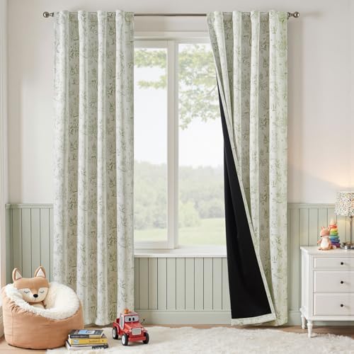 jinchan Green Blackout Curtains W38xL84 Woodland Back Tab 2 Panels - color: Sage Green on Beige, size: 38"W x 84"L (Pack of 2)