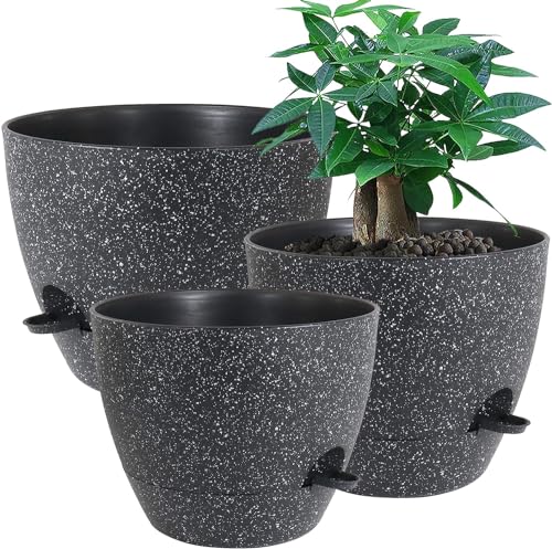 UOUZ Large Self Watering Pots, 12/10/9 Plastic Planters with High Drainage Holes and Deep Reservoir for Indoor Outdoor Garden Plants and Flowers, Black Speckles - color: Black Speckles