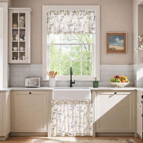 jinchan Black Linen Floral Kitchen Tier Curtains and Valance Set 3 Pieces - color: Alisa | Black on Linen, size: 26"W x 24"L (Pack of 3)