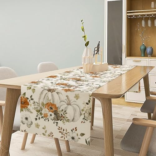 Fall Thanksgiving Table Runner, White Pumpkin Maple Leaves Autumn Flower Pattern Table Runner for Holiday Home Kitchen Dining Table Party 13x36in - color: Fall-2, size: 13x36in