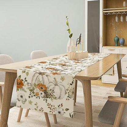 Fall Thanksgiving Table Runner, White Pumpkin Maple Leaves Autumn Flower Pattern Table Runner for Holiday Home Kitchen Dining Table Party 13x36in - color: Fall-2, size: 13x36in