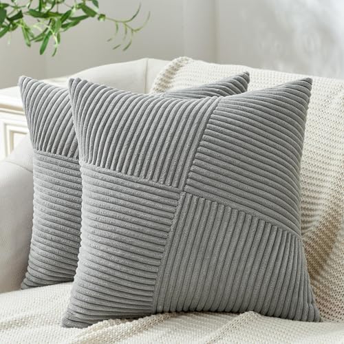 Topfinel Set of 2 LightGrey Decorative Throw Pillow Covers 18x18 Inch for Couch Sofa Bed, Farmhouse Boho Rustic Home Decor,Soft Corduroy Windmill Textured Striped Patchwork Cushion Cases - color: Lightgrey, size: 18" x 18" (Pack of 2)