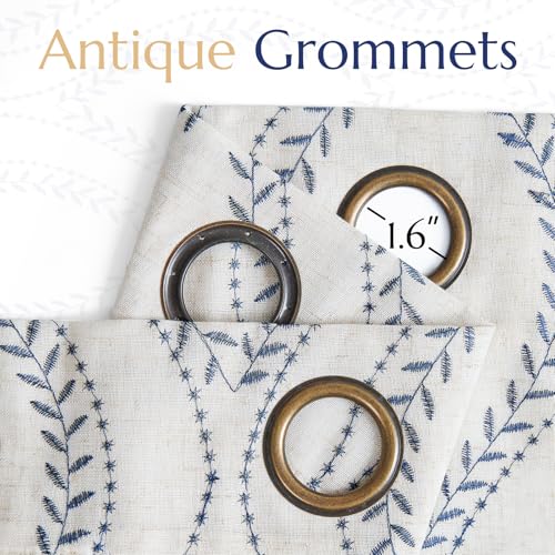 jinchan Boho Linen Curtains 63 Inch Blue on Beige Grommet 2 Panels - color: Vine Blue, size: 50"W x 63"L (Pack of 2)