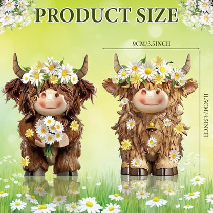 2 Pcs Highland Cow Figurines Decor, Daisy Flower Style - style: Daisy Flower