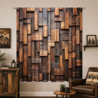 Brown Rustic Farmhhouse Wooden Block Living Room Bedroom Window Curtains - color: A-brown, size: 42"W x 63"L (Pack of 2)
