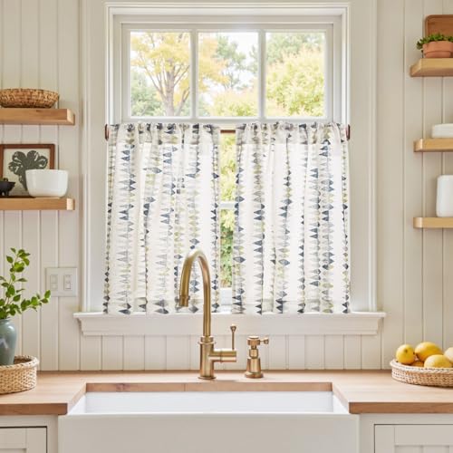 jinchan Dusty Blue Linen Kitchen Tier Curtains 24 Inch Modern Boho 2 Panels - color: Tribal | Dusty Blue on Linen, size: 26"W x 24"L (Pack of 2)