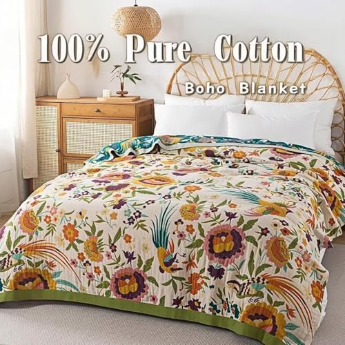Boho Throw Blanket for Bed 100% Cotton Bohemian Blankets Ultra Soft Woven Muslin Decorative Blankets All Seasons Vintage Quilt Knitted Blanket for Sofa Chair(Beige, 50"x60") - color: P-2-beige, size: 50"x60"