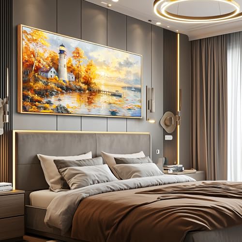 Ocean Beach Canvas Wall Art for Bedroom Lighthouse Seascape Painting 30x60 - color: Lighthouse Painting Wood Framed, size: 60"L x 30"W