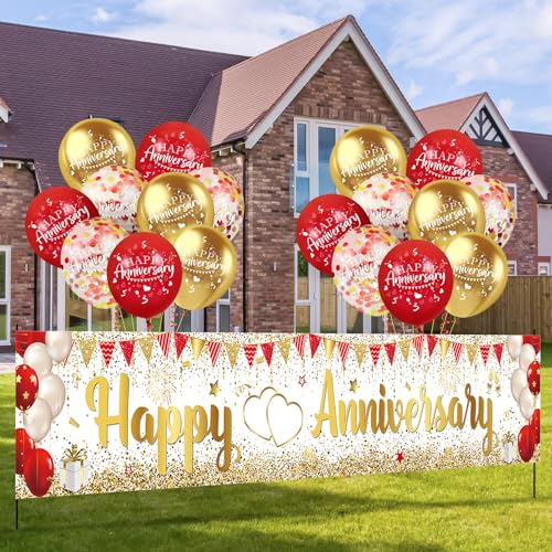 Red Gold Happy Anniversary Banner & Yard Sign with 18pcs 12" Latex Balloons for Wedding Party Supplies
