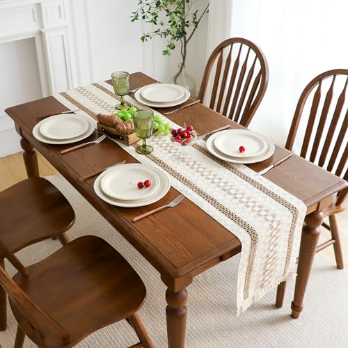 Simple&Opulence Boho Macrame Table Runner - 12 x 90 Inch, Splicing Burlap Farmhouse Cotton Table Runner with Fringed Edges for Bohemian Rustic Wedding, Bridal Shower, Dinner （Brown Pinstripe） - size: 12"x90", style: Brown Pinstripe
