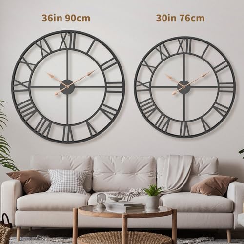 Pytha Sight 36 Inch Black Metal Roman Numerals Extra Large Giant Wall Clock - color: Black Roman, size: 36 Inch